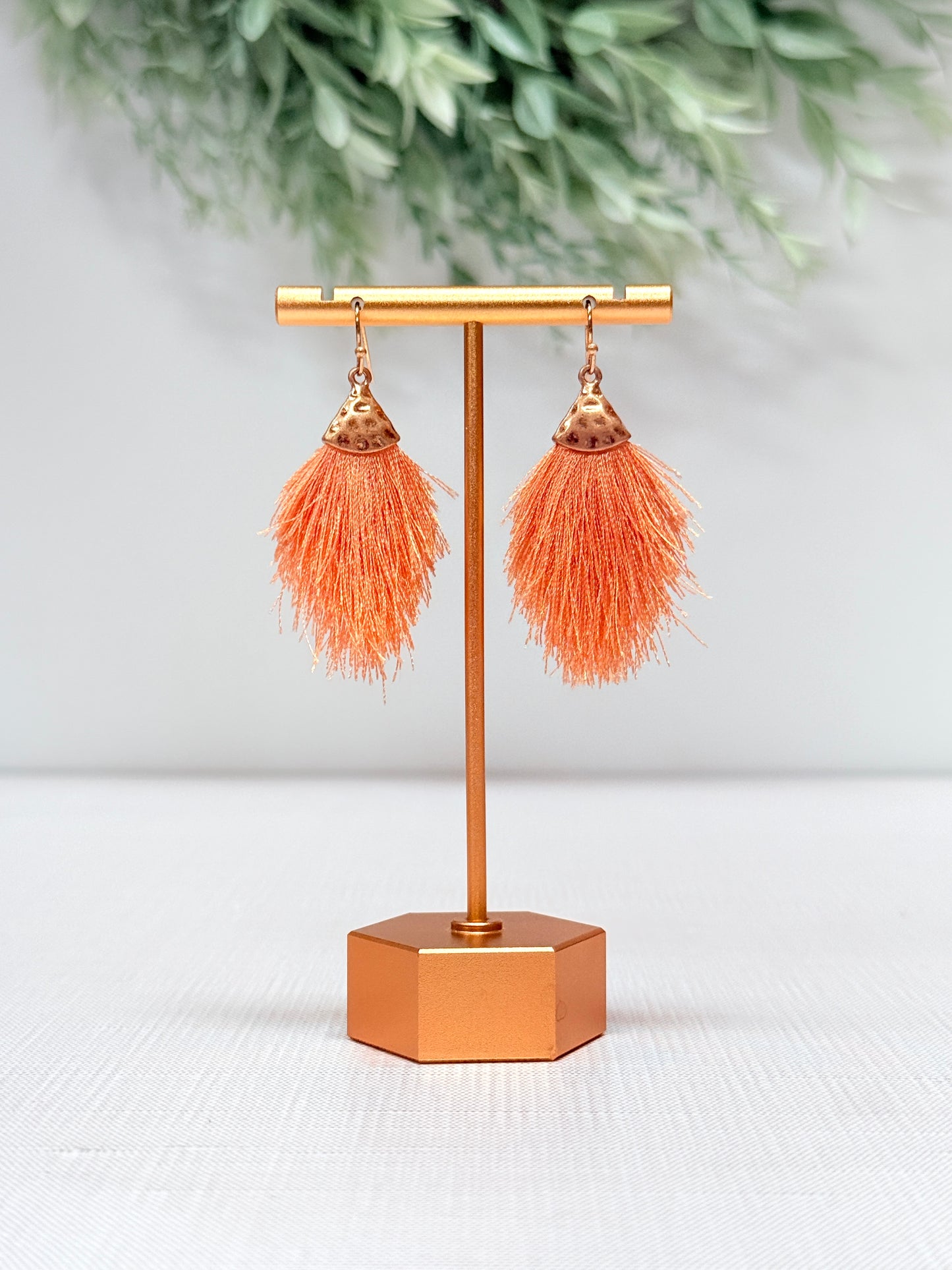 Hadley Fringe Earrings in peach with soft fringe and gold hardware