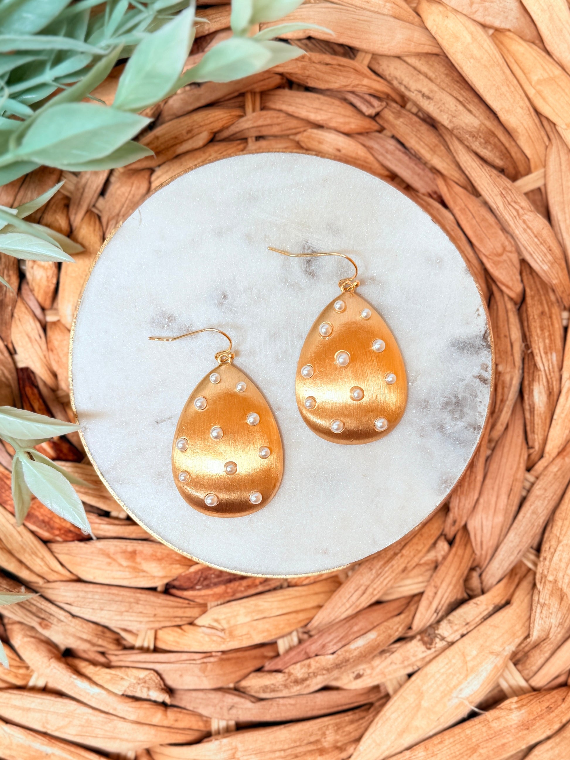Daphne pearl drop earrings in brushed gold teardrop design lightweight elegant jewelry