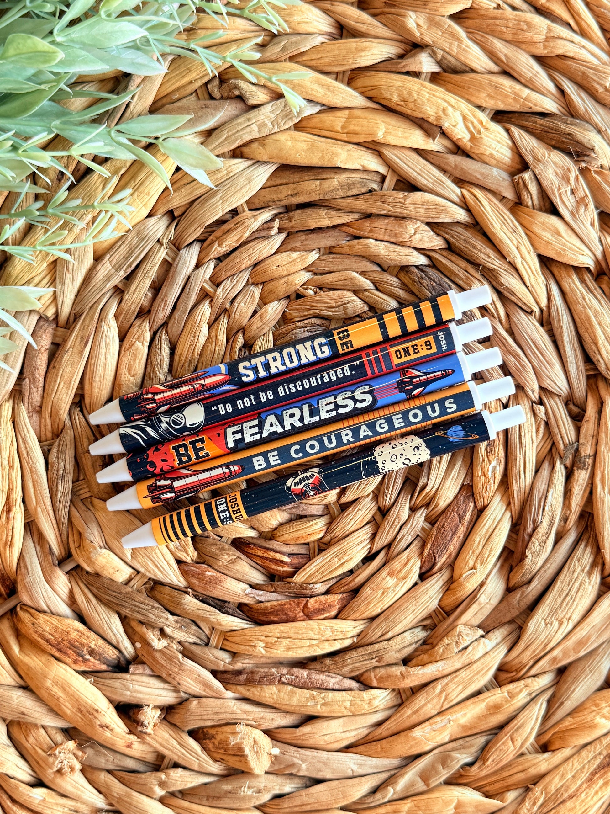 Be Strong and Courageous kids pen set with space and rocket theme