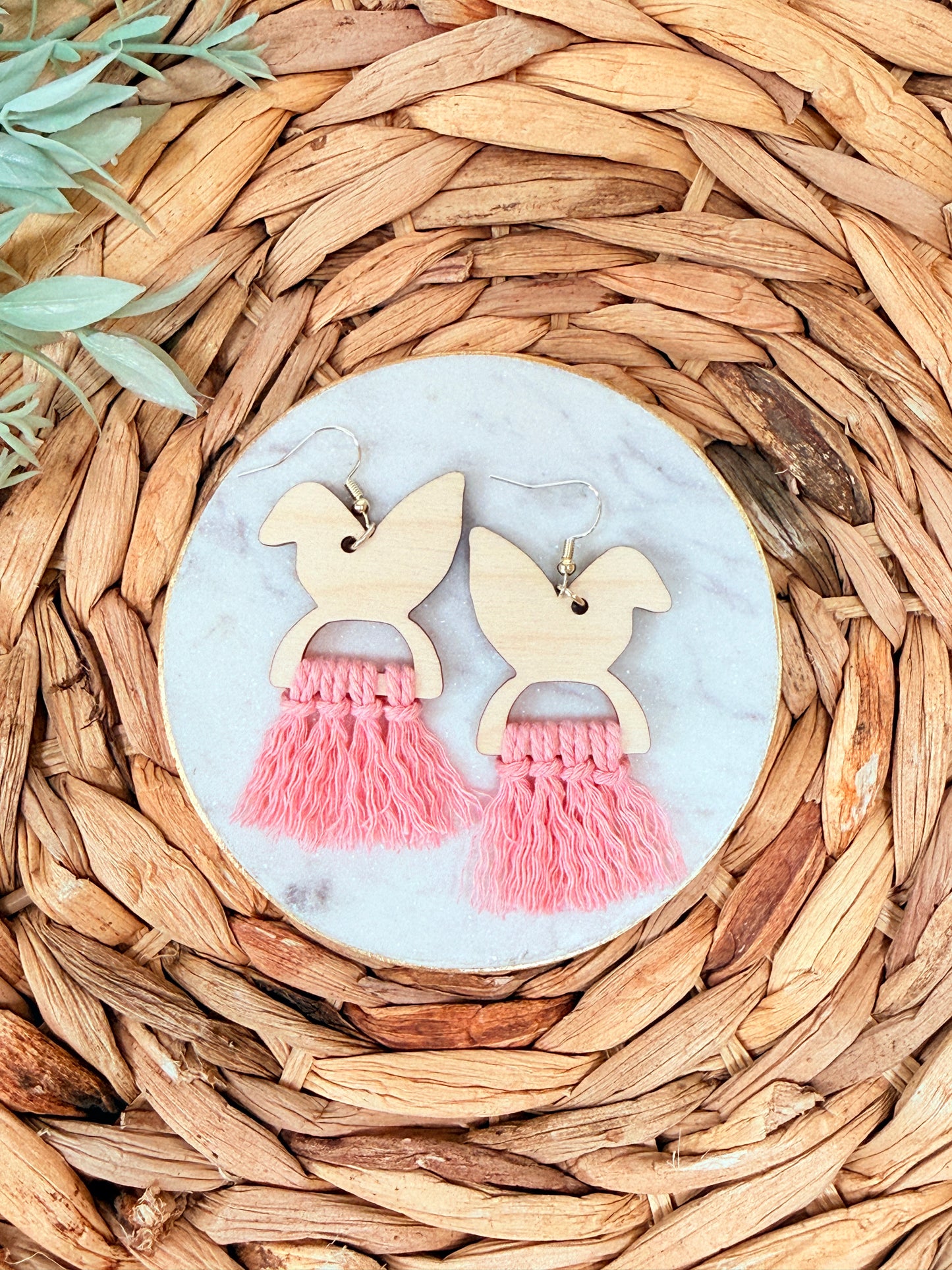 Little Bunny Fringe Earrings with pink fringe and wooden bunny design