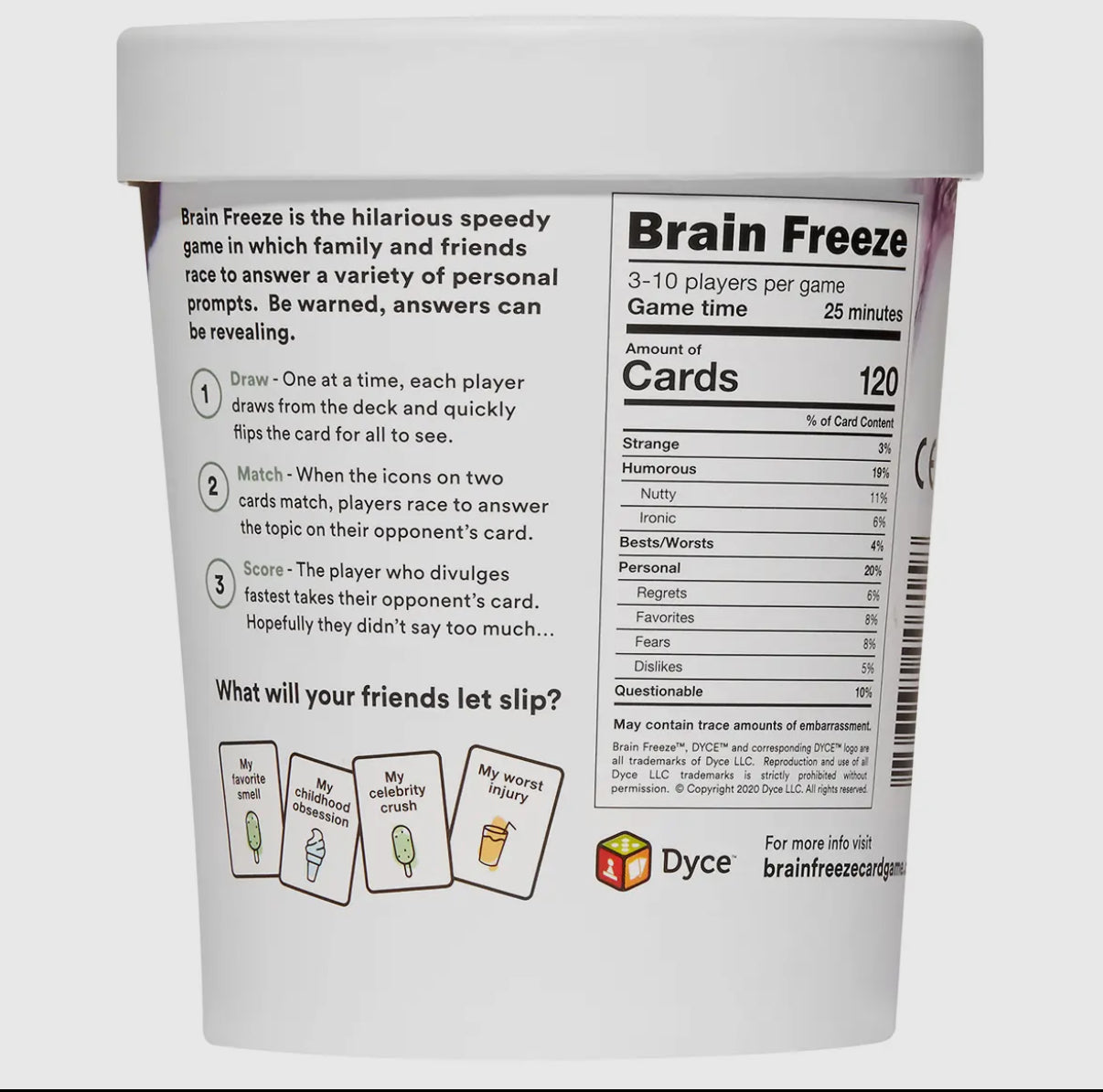Container of 'Brain Freeze' game with instructions and graphics on a white background