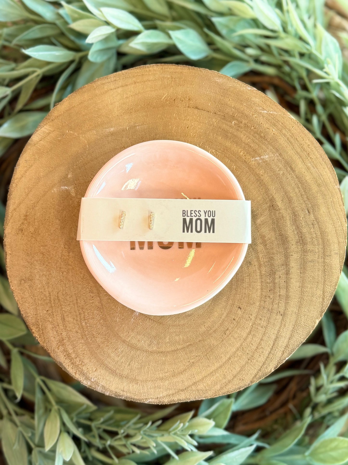 Bless You Mom stud earrings and engraved jewelry tray Christian gift set for moms