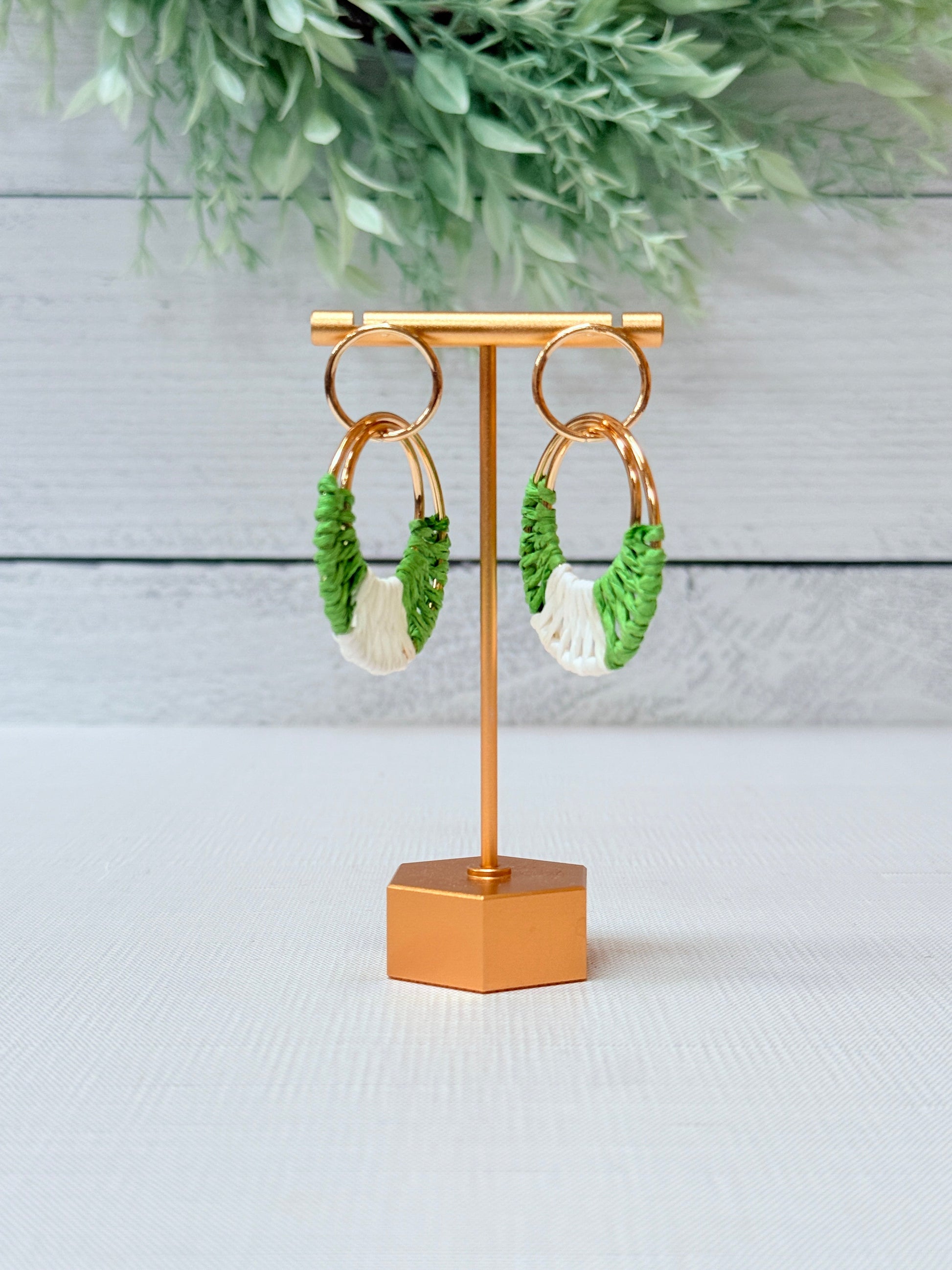 Green and natural woven hoop earrings with gold tone hardware lightweight statement jewelry