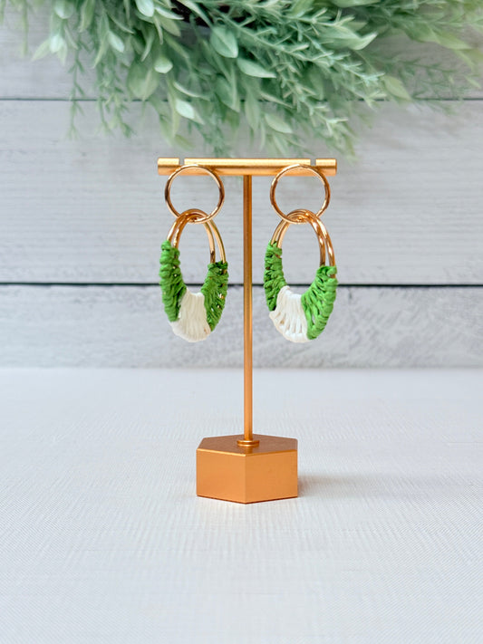 Green and natural woven hoop earrings with gold tone hardware lightweight statement jewelry