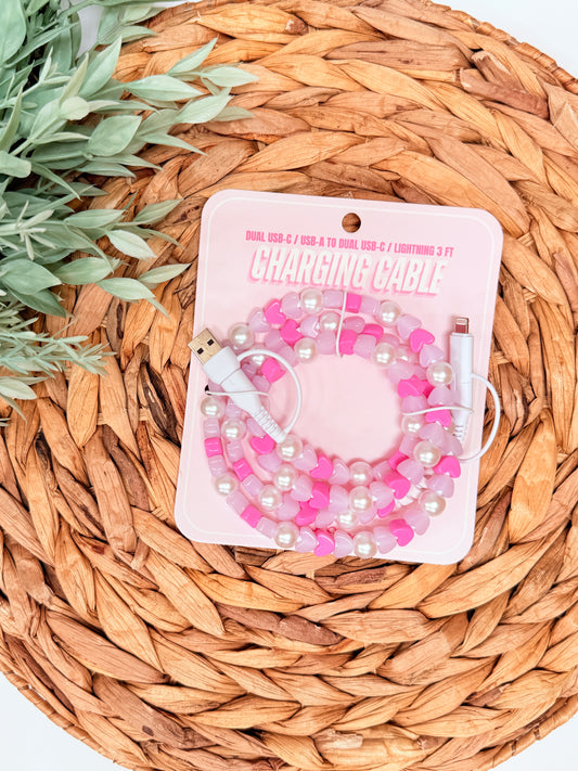 Beaded Universal Charger | Pink Hearts & Pearls