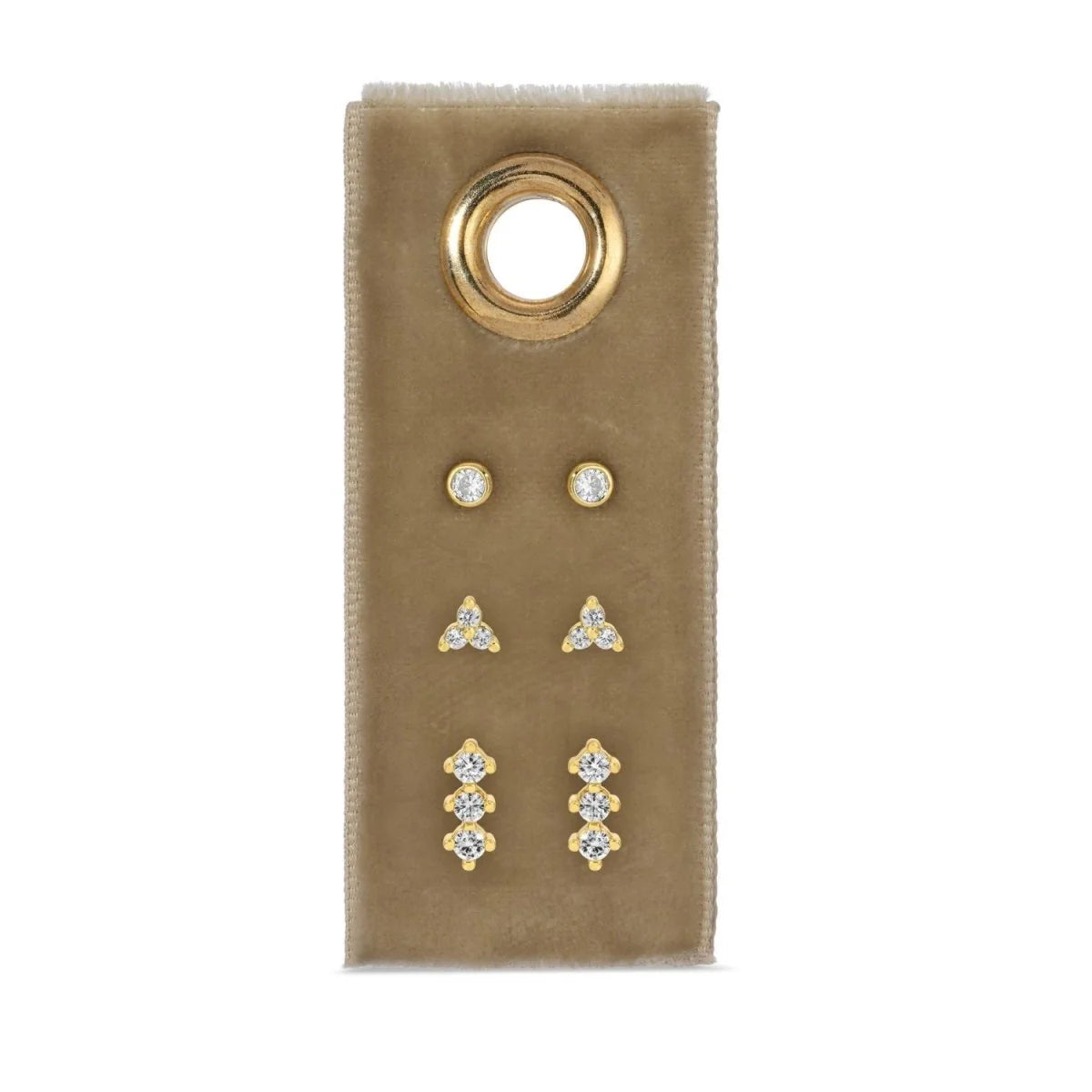 gold pavé stud earring set with three styles on tan velvet display, dainty gold earrings for stacking and everyday wear