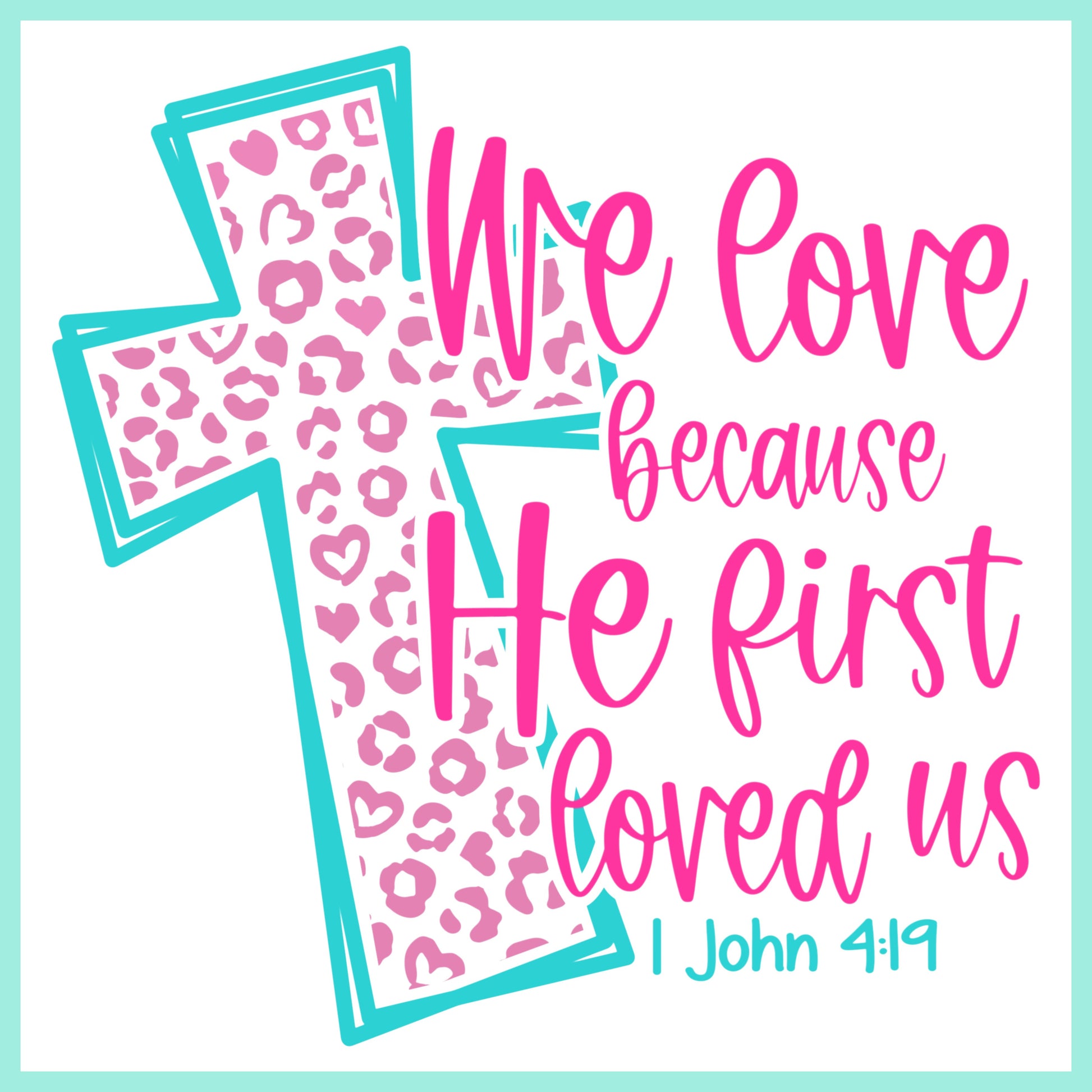 Cross with pink leopard print pattern and motivational text on a light blue background