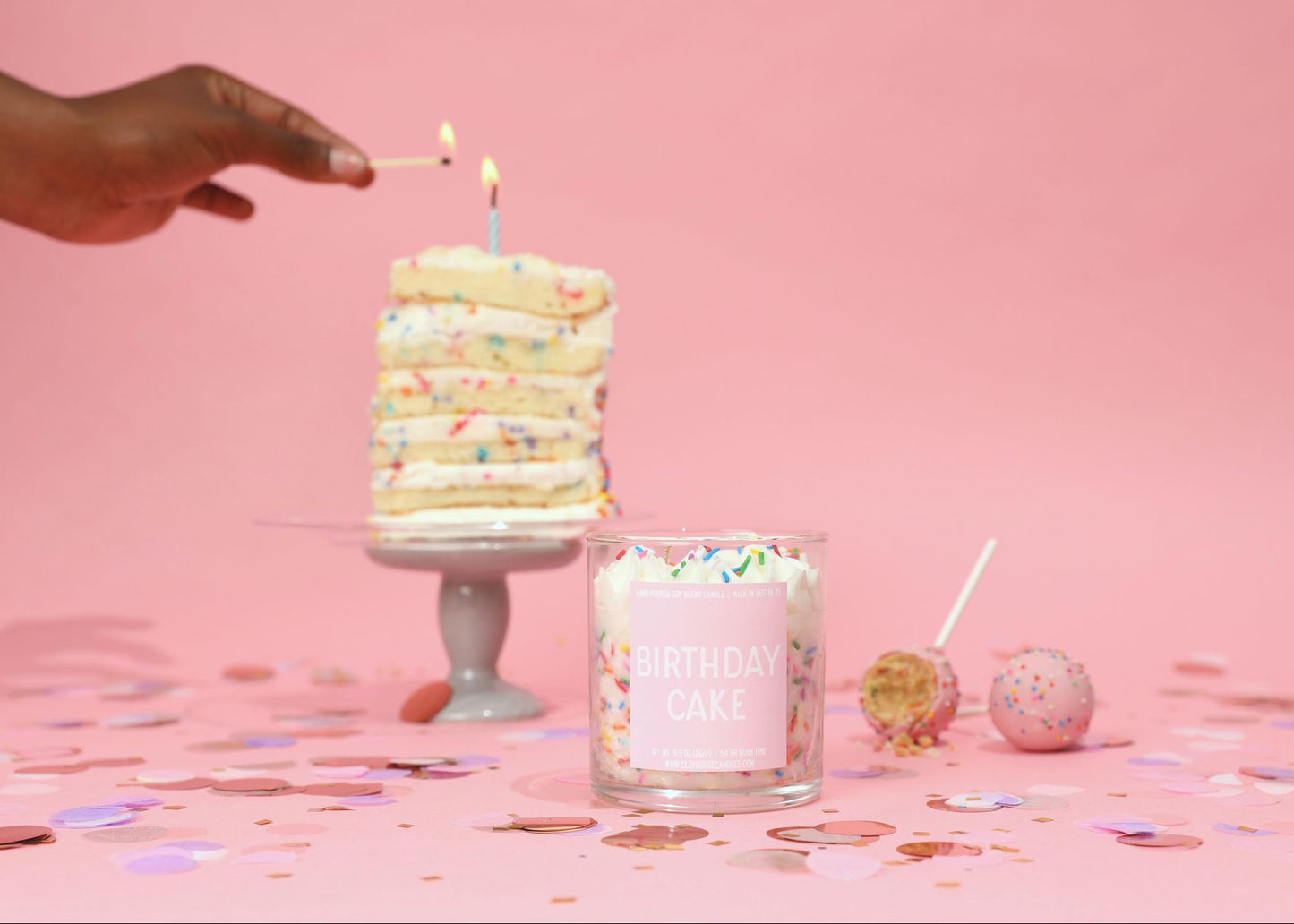 Birthday Cake candle in glass jar with sweet vanilla celebration scent